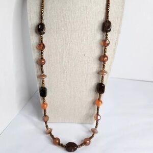 Vintage Boho Beaded Necklace Brown Amber Earth Tone Acrylic Beads 28” Long